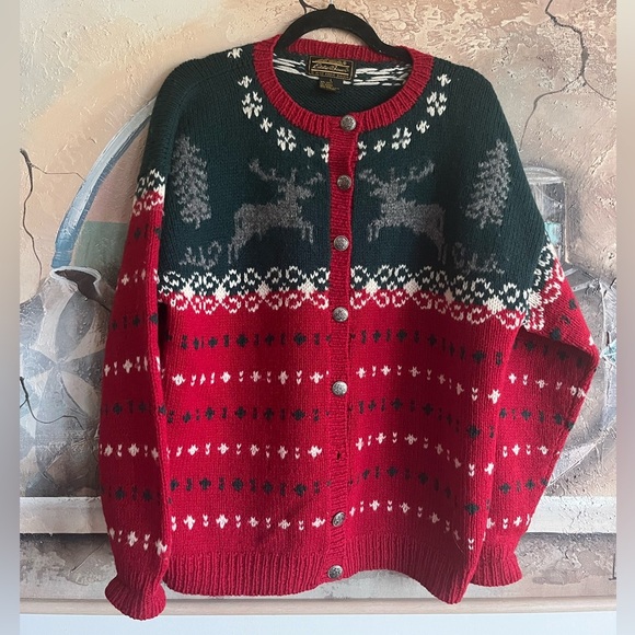 Vintage Eddie Bauer Wool Sweater Cardigan 1990 Christmas Womens Large - Picture 1 of 9